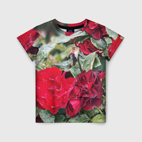 Детская футболка 3D с принтом Red Roses в Белгороде, 100% гипоаллергенный полиэфир | прямой крой, круглый вырез горловины, длина до линии бедер, чуть спущенное плечо, ткань немного тянется | bush | floral | flower | garden | green | nature | red roses | бутоны | красная роза | куст | листья | природа | роза | сад | цветение | цветок | цветы