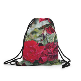 Рюкзак-мешок 3D с принтом Red Roses в Белгороде, 100% полиэстер | плотность ткани — 200 г/м2, размер — 35 х 45 см; лямки — толстые шнурки, застежка на шнуровке, без карманов и подкладки | Тематика изображения на принте: bush | floral | flower | garden | green | nature | red roses | бутоны | красная роза | куст | листья | природа | роза | сад | цветение | цветок | цветы