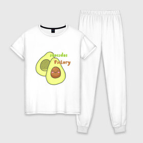 Женская пижама хлопок с принтом avocados factory в Белгороде, 100% хлопок | брюки и футболка прямого кроя, без карманов, на брюках мягкая резинка на поясе и по низу штанин | avocados factory | авокадик | авокадо | авокадо с косточкой | авокадчик | милые авокадо