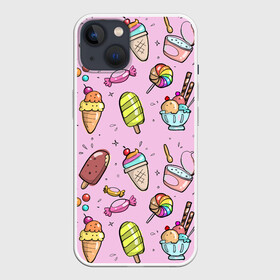 Чехол для iPhone 13 с принтом Сладкоежка в Белгороде,  |  | вафельный стаканчик | дарже | десерты | закуски | конфеты | леденец | мороженное | пломбир | сладкое | сладкоежка | снеки | шоколадки
