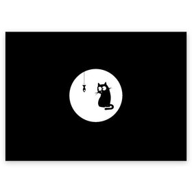Поздравительная открытка с принтом Ночная охота в Белгороде, 100% бумага | плотность бумаги 280 г/м2, матовая, на обратной стороне линовка и место для марки
 | арт | кот | котёнок | кошка | луна | ночь | рисунок | рыба | рыбалка | черная кошка | черный кот | чёрный котёнок