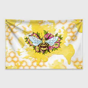 Флаг-баннер с принтом Пчела в Белгороде, 100% полиэстер | размер 67 х 109 см, плотность ткани — 95 г/м2; по краям флага есть четыре люверса для крепления | крылья | мёд | оса | пчела | пчёлы | соты | цветы