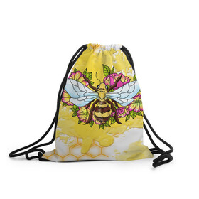 Рюкзак-мешок 3D с принтом Пчела в Белгороде, 100% полиэстер | плотность ткани — 200 г/м2, размер — 35 х 45 см; лямки — толстые шнурки, застежка на шнуровке, без карманов и подкладки | крылья | мёд | оса | пчела | пчёлы | соты | цветы