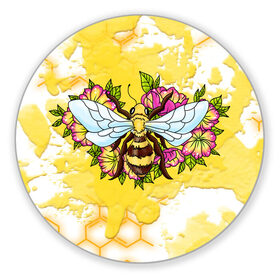 Коврик для мышки круглый с принтом Пчела в Белгороде, резина и полиэстер | круглая форма, изображение наносится на всю лицевую часть | крылья | мёд | оса | пчела | пчёлы | соты | цветы