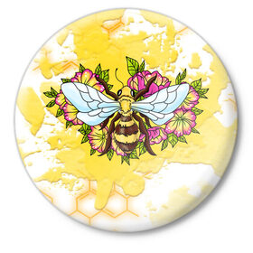 Значок с принтом Пчела в Белгороде,  металл | круглая форма, металлическая застежка в виде булавки | Тематика изображения на принте: крылья | мёд | оса | пчела | пчёлы | соты | цветы