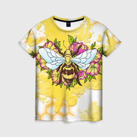 Женская футболка 3D с принтом Пчела в Белгороде, 100% полиэфир ( синтетическое хлопкоподобное полотно) | прямой крой, круглый вырез горловины, длина до линии бедер | крылья | мёд | оса | пчела | пчёлы | соты | цветы