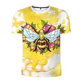 Мужская футболка 3D спортивная с принтом Пчела в Белгороде, 100% полиэстер с улучшенными характеристиками | приталенный силуэт, круглая горловина, широкие плечи, сужается к линии бедра | крылья | мёд | оса | пчела | пчёлы | соты | цветы