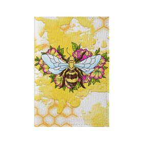 Обложка для паспорта матовая кожа с принтом Пчела в Белгороде, натуральная матовая кожа | размер 19,3 х 13,7 см; прозрачные пластиковые крепления | Тематика изображения на принте: крылья | мёд | оса | пчела | пчёлы | соты | цветы