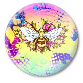Значок с принтом Пчела и цветы в Белгороде,  металл | круглая форма, металлическая застежка в виде булавки | Тематика изображения на принте: космос | пчела | пчёлка | пчёлы | туманность | цветы