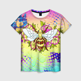 Женская футболка 3D с принтом Пчела и цветы в Белгороде, 100% полиэфир ( синтетическое хлопкоподобное полотно) | прямой крой, круглый вырез горловины, длина до линии бедер | космос | пчела | пчёлка | пчёлы | туманность | цветы