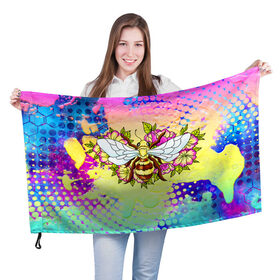 Флаг 3D с принтом Пчела и цветы в Белгороде, 100% полиэстер | плотность ткани — 95 г/м2, размер — 67 х 109 см. Принт наносится с одной стороны | космос | пчела | пчёлка | пчёлы | туманность | цветы