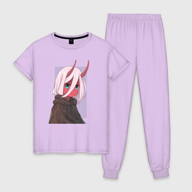 Женская пижама хлопок с принтом Zero Two(Ne1t) в Белгороде, 100% хлопок | брюки и футболка прямого кроя, без карманов, на брюках мягкая резинка на поясе и по низу штанин | zero two | аниме | ноль два