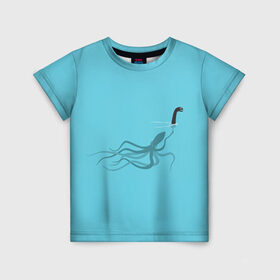 Детская футболка 3D с принтом Тайна Лох-несского чудовища в Белгороде, 100% гипоаллергенный полиэфир | прямой крой, круглый вырез горловины, длина до линии бедер, чуть спущенное плечо, ткань немного тянется | арт | море | осьминог | рисунок | синий | шутка