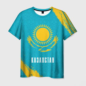 Мужская футболка 3D с принтом КАЗАХСТАН / KAZAKHSTAN в Белгороде, 100% полиэфир | прямой крой, круглый вырез горловины, длина до линии бедер | flag | kazakhstan | qazaqstan | герб | захах | казахстан | кахахи | лого | нур султан | республика | символ | страна | флаг