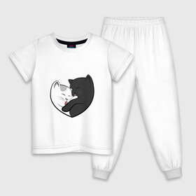 Детская пижама хлопок с принтом Влюблённые котики в Белгороде, 100% хлопок |  брюки и футболка прямого кроя, без карманов, на брюках мягкая резинка на поясе и по низу штанин
 | арт | белая кошка | белый кот | влюблённые | кот | кот и кошка | кошка | любовь | пара | рисунок | чёрная кошка | чёрный кот