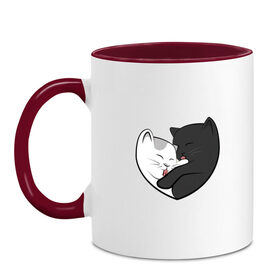 Кружка двухцветная с принтом Влюблённые котики в Белгороде, керамика | объем — 330 мл, диаметр — 80 мм. Цветная ручка и кайма сверху, в некоторых цветах — вся внутренняя часть | арт | белая кошка | белый кот | влюблённые | кот | кот и кошка | кошка | любовь | пара | рисунок | чёрная кошка | чёрный кот