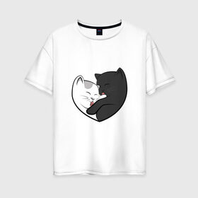 Женская футболка хлопок Oversize с принтом Влюблённые котики в Белгороде, 100% хлопок | свободный крой, круглый ворот, спущенный рукав, длина до линии бедер
 | арт | белая кошка | белый кот | влюблённые | кот | кот и кошка | кошка | любовь | пара | рисунок | чёрная кошка | чёрный кот