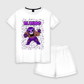 Женская пижама с шортиками хлопок с принтом Brawl STARS (EL RUDO) в Белгороде, 100% хлопок | футболка прямого кроя, шорты свободные с широкой мягкой резинкой | Тематика изображения на принте: brawl | el rudo | leon | moba | stars | supercell | игра | коллаж | паттерн