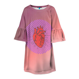 Детское платье 3D с принтом Сердечко на розовом фоне в Белгороде, 100% полиэстер | прямой силуэт, чуть расширенный к низу. Круглая горловина, на рукавах — воланы | круг | любовь | неон | полосатый | розовый | сердце | сияние | фиолетовый