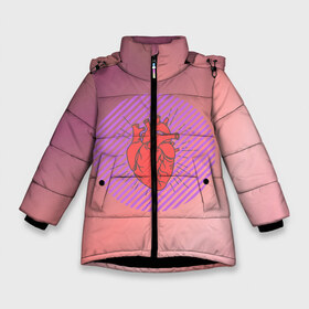 Зимняя куртка для девочек 3D с принтом Сердечко на розовом фоне в Белгороде, ткань верха — 100% полиэстер; подклад — 100% полиэстер, утеплитель — 100% полиэстер. | длина ниже бедра, удлиненная спинка, воротник стойка и отстегивающийся капюшон. Есть боковые карманы с листочкой на кнопках, утяжки по низу изделия и внутренний карман на молнии. 

Предусмотрены светоотражающий принт на спинке, радужный светоотражающий элемент на пуллере молнии и на резинке для утяжки. | Тематика изображения на принте: круг | любовь | неон | полосатый | розовый | сердце | сияние | фиолетовый