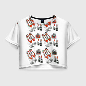 Женская футболка Crop-top 3D с принтом Модные штучки в Белгороде, 100% полиэстер | круглая горловина, длина футболки до линии талии, рукава с отворотами | модные штучки | парфюм | помада | туфли | часы