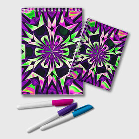 Блокнот с принтом Kaleidoscope в Белгороде, 100% бумага | 48 листов, плотность листов — 60 г/м2, плотность картонной обложки — 250 г/м2. Листы скреплены удобной пружинной спиралью. Цвет линий — светло-серый
 | Тематика изображения на принте: abstraction | fractal | kaleidoscope | light green | pattern | purple | symmetry | абстракция | калейдоскоп | салатовый | симметрия | узор | фиолетовый | фрактал
