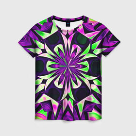 Женская футболка 3D с принтом Kaleidoscope в Белгороде, 100% полиэфир ( синтетическое хлопкоподобное полотно) | прямой крой, круглый вырез горловины, длина до линии бедер | abstraction | fractal | kaleidoscope | light green | pattern | purple | symmetry | абстракция | калейдоскоп | салатовый | симметрия | узор | фиолетовый | фрактал