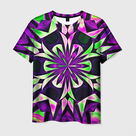 Мужская футболка 3D с принтом Kaleidoscope в Белгороде, 100% полиэфир | прямой крой, круглый вырез горловины, длина до линии бедер | abstraction | fractal | kaleidoscope | light green | pattern | purple | symmetry | абстракция | калейдоскоп | салатовый | симметрия | узор | фиолетовый | фрактал