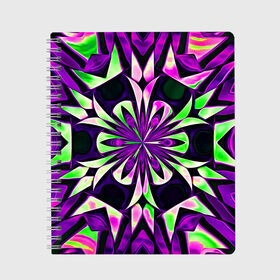 Тетрадь с принтом Kaleidoscope в Белгороде, 100% бумага | 48 листов, плотность листов — 60 г/м2, плотность картонной обложки — 250 г/м2. Листы скреплены сбоку удобной пружинной спиралью. Уголки страниц и обложки скругленные. Цвет линий — светло-серый
 | abstraction | fractal | kaleidoscope | light green | pattern | purple | symmetry | абстракция | калейдоскоп | салатовый | симметрия | узор | фиолетовый | фрактал
