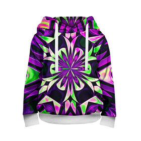 Детская толстовка 3D с принтом Kaleidoscope в Белгороде, 100% полиэстер | двухслойный капюшон со шнурком для регулировки, мягкие манжеты на рукавах и по низу толстовки, спереди карман-кенгуру с мягким внутренним слоем | abstraction | fractal | kaleidoscope | light green | pattern | purple | symmetry | абстракция | калейдоскоп | салатовый | симметрия | узор | фиолетовый | фрактал