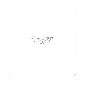 Магнит виниловый Квадрат с принтом самолетик в Белгороде, полимерный материал с магнитным слоем | размер 9*9 см, закругленные углы | белый самолетик | бумажный самолетик | минимализм | розовое сердечко | самолет | самолетик | сердечко | тумблер | чб
