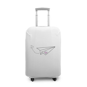 Чехол для чемодана 3D с принтом самолетик в Белгороде, 86% полиэфир, 14% спандекс | двустороннее нанесение принта, прорези для ручек и колес | белый самолетик | бумажный самолетик | минимализм | розовое сердечко | самолет | самолетик | сердечко | тумблер | чб