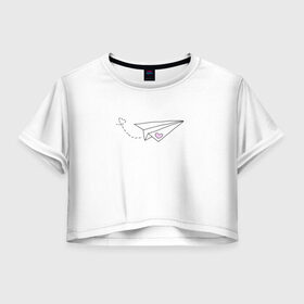 Женская футболка Crop-top 3D с принтом самолетик в Белгороде, 100% полиэстер | круглая горловина, длина футболки до линии талии, рукава с отворотами | белый самолетик | бумажный самолетик | минимализм | розовое сердечко | самолет | самолетик | сердечко | тумблер | чб