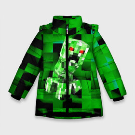 Зимняя куртка для девочек 3D с принтом Minecraft creeper в Белгороде, ткань верха — 100% полиэстер; подклад — 100% полиэстер, утеплитель — 100% полиэстер. | длина ниже бедра, удлиненная спинка, воротник стойка и отстегивающийся капюшон. Есть боковые карманы с листочкой на кнопках, утяжки по низу изделия и внутренний карман на молнии. 

Предусмотрены светоотражающий принт на спинке, радужный светоотражающий элемент на пуллере молнии и на резинке для утяжки. | Тематика изображения на принте: blox | creeper | dungeons | game | geometry | logo | pixel | steve | алекс | герои | детям | зелень | игра | квадраты | крипер | куб | логотипы игр | майнкрафт | мальчикам | мобы | персонажи | пиксель | пиксельный | подземелья