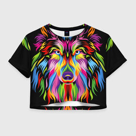 Женская футболка Crop-top 3D с принтом Neon wolf в Белгороде, 100% полиэстер | круглая горловина, длина футболки до линии талии, рукава с отворотами | color | ears | eyes | muzzle | neon | nose | paint | skin | view | wolf | взгляд | волк | глаза | краска | неон | нос | уши | цвет | шерсть