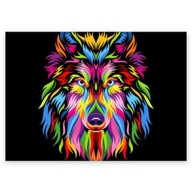 Поздравительная открытка с принтом Neon wolf в Белгороде, 100% бумага | плотность бумаги 280 г/м2, матовая, на обратной стороне линовка и место для марки
 | color | ears | eyes | muzzle | neon | nose | paint | skin | view | wolf | взгляд | волк | глаза | краска | неон | нос | уши | цвет | шерсть