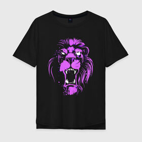Мужская футболка хлопок Oversize с принтом Neon lion в Белгороде, 100% хлопок | свободный крой, круглый ворот, “спинка” длиннее передней части | ears | eyes | fangs | jaw | lion | mane | muzzle | neon | глаза | грива | клыки | лев | неон | пасть | уши