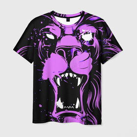 Мужская футболка 3D с принтом Pink lion в Белгороде, 100% полиэфир | прямой крой, круглый вырез горловины, длина до линии бедер | Тематика изображения на принте: ears | eyes | fangs | jaw | lion | mane | muzzle | neon | pink | глаза | грива | клыки | лев | неон | пасть | розовый | уши
