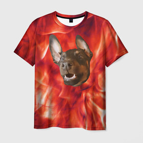 Мужская футболка 3D с принтом Огненый Пес в Белгороде, 100% полиэфир | прямой крой, круглый вырез горловины, длина до линии бедер | голова | горячий | горящий | доберман | животное | зверек | зверь | зубы | клык | красный | лицо | овчарка | огонь | пес | пламя | рот | ротвейлер | свет | собака | удивленный | улыбка | щенок