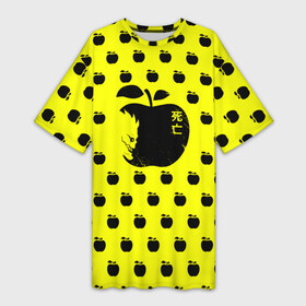 Платье-футболка 3D с принтом яблочки Рюка желтый фон в Белгороде,  |  | anime | death note | kira | manga | ryuk | аниме | герой | детектив | детнот | детх нот | детхнот | дэсу ното | иероглиф | кандзи | кира | манга | миса | риюк | рьюзаки | рюзаки | рюк | синигами | тетрадка | эл | э