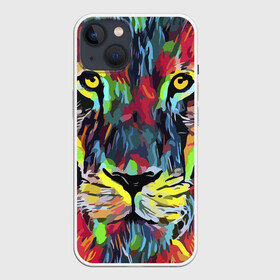 Чехол для iPhone 13 с принтом Rainbow lion в Белгороде,  |  | color | ears | eyes | jaw | lion | mane | muzzle | nose | paint | view | взгляд | глаза | грива | краска | лев | нос | пасть | цвет