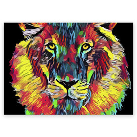 Поздравительная открытка с принтом Rainbow lion в Белгороде, 100% бумага | плотность бумаги 280 г/м2, матовая, на обратной стороне линовка и место для марки
 | color | ears | eyes | jaw | lion | mane | muzzle | nose | paint | view | взгляд | глаза | грива | краска | лев | нос | пасть | цвет