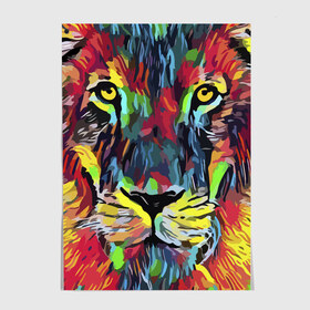 Постер с принтом Rainbow lion в Белгороде, 100% бумага
 | бумага, плотность 150 мг. Матовая, но за счет высокого коэффициента гладкости имеет небольшой блеск и дает на свету блики, но в отличии от глянцевой бумаги не покрыта лаком | color | ears | eyes | jaw | lion | mane | muzzle | nose | paint | view | взгляд | глаза | грива | краска | лев | нос | пасть | цвет