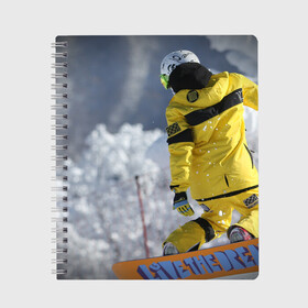 Тетрадь с принтом сноубордист в Белгороде, 100% бумага | 48 листов, плотность листов — 60 г/м2, плотность картонной обложки — 250 г/м2. Листы скреплены сбоку удобной пружинной спиралью. Уголки страниц и обложки скругленные. Цвет линий — светло-серый
 | snowboard | прыжок | сноуборд | сноубординг | сноубордист | экстрим