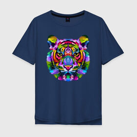 Мужская футболка хлопок Oversize с принтом Color tiger в Белгороде, 100% хлопок | свободный крой, круглый ворот, “спинка” длиннее передней части | color | ears | eyes | muzzle | neon | tiger | vanguard | view | авангард | взгляд | глаза | неон | тигр | уши | цвет