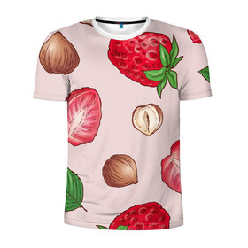 Мужская футболка 3D спортивная с принтом Клубника и орехи в Белгороде, 100% полиэстер с улучшенными характеристиками | приталенный силуэт, круглая горловина, широкие плечи, сужается к линии бедра | еда | зелень | клубника | листва | орех | орехи | фундук | ягода