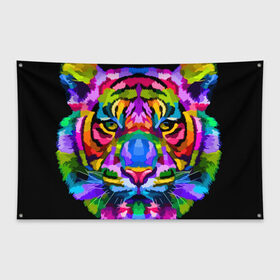 Флаг-баннер с принтом Neon tiger в Белгороде, 100% полиэстер | размер 67 х 109 см, плотность ткани — 95 г/м2; по краям флага есть четыре люверса для крепления | color | ears | eyes | muzzle | neon | tiger | vanguard | view | авангард | взгляд | глаза | неон | тигр | уши | цвет