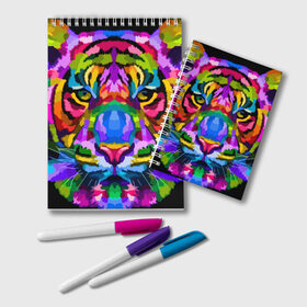 Блокнот с принтом Neon tiger в Белгороде, 100% бумага | 48 листов, плотность листов — 60 г/м2, плотность картонной обложки — 250 г/м2. Листы скреплены удобной пружинной спиралью. Цвет линий — светло-серый
 | color | ears | eyes | muzzle | neon | tiger | vanguard | view | авангард | взгляд | глаза | неон | тигр | уши | цвет