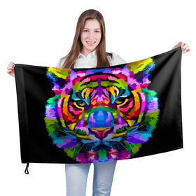 Флаг 3D с принтом Neon tiger в Белгороде, 100% полиэстер | плотность ткани — 95 г/м2, размер — 67 х 109 см. Принт наносится с одной стороны | color | ears | eyes | muzzle | neon | tiger | vanguard | view | авангард | взгляд | глаза | неон | тигр | уши | цвет