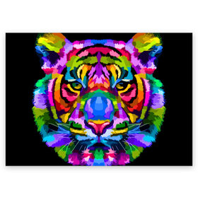 Поздравительная открытка с принтом Neon tiger в Белгороде, 100% бумага | плотность бумаги 280 г/м2, матовая, на обратной стороне линовка и место для марки
 | Тематика изображения на принте: color | ears | eyes | muzzle | neon | tiger | vanguard | view | авангард | взгляд | глаза | неон | тигр | уши | цвет
